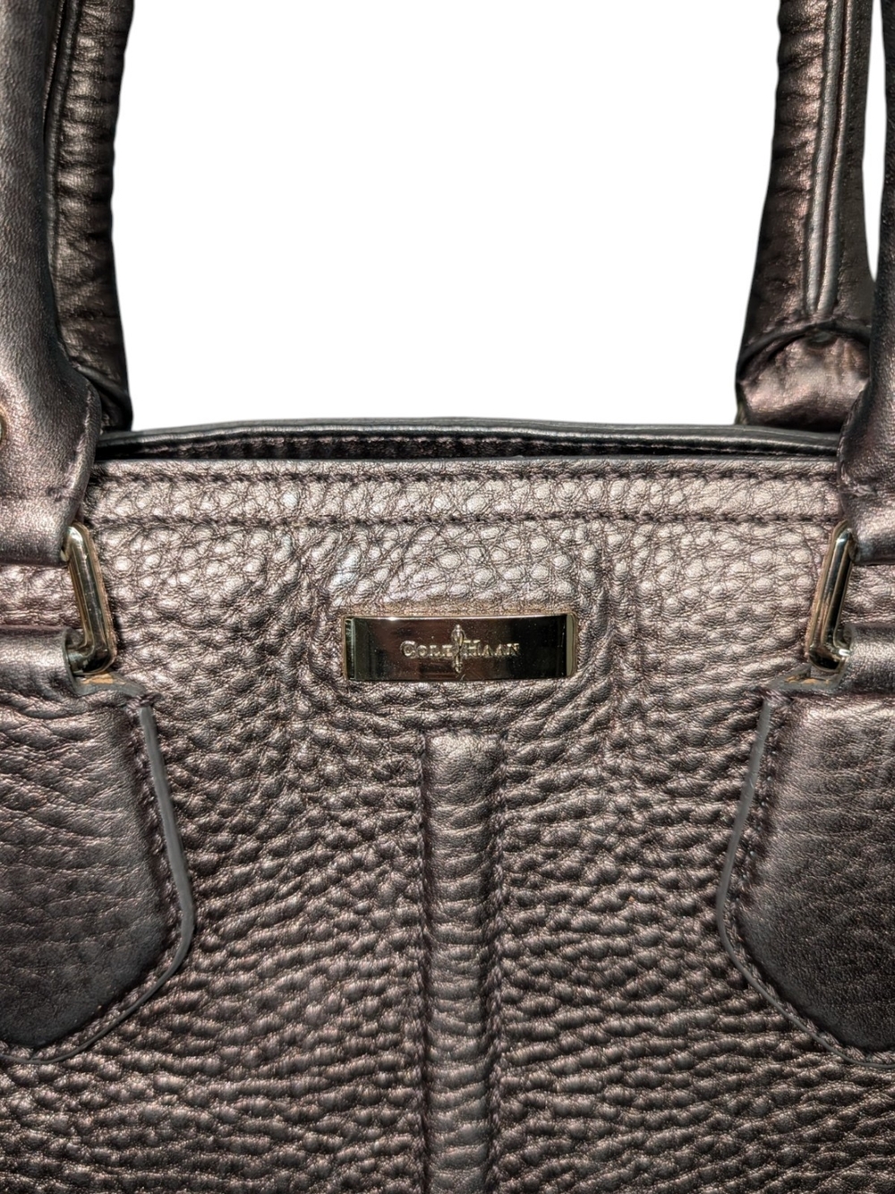 Cole Haan Pewter Metallic Pebbled Leather Handbag Satchel - Picture 3 of 9